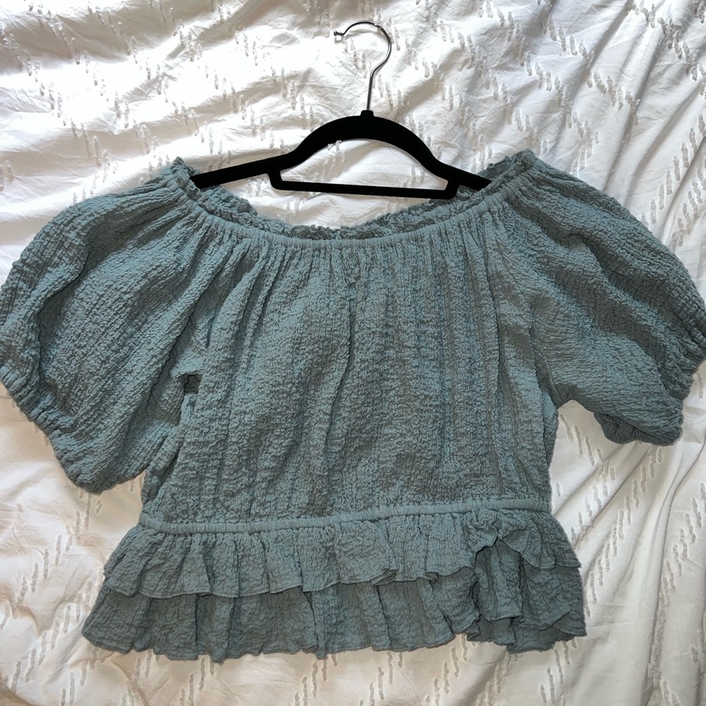 Baby blue off the shoulder shirt